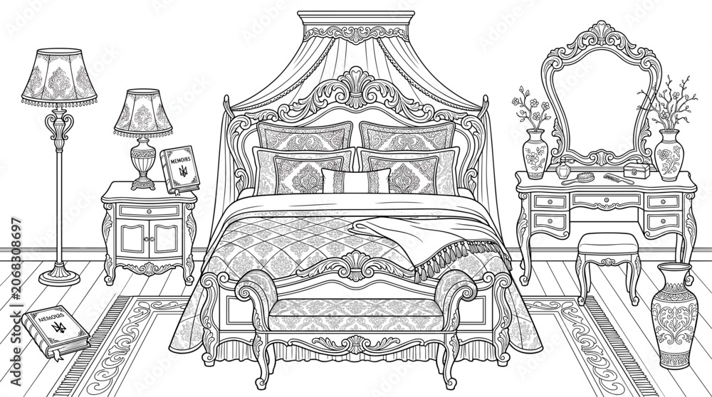 Fototapeta premium Intricate black and white illustration of a luxurious bedroom with vintage decor elegant furniture