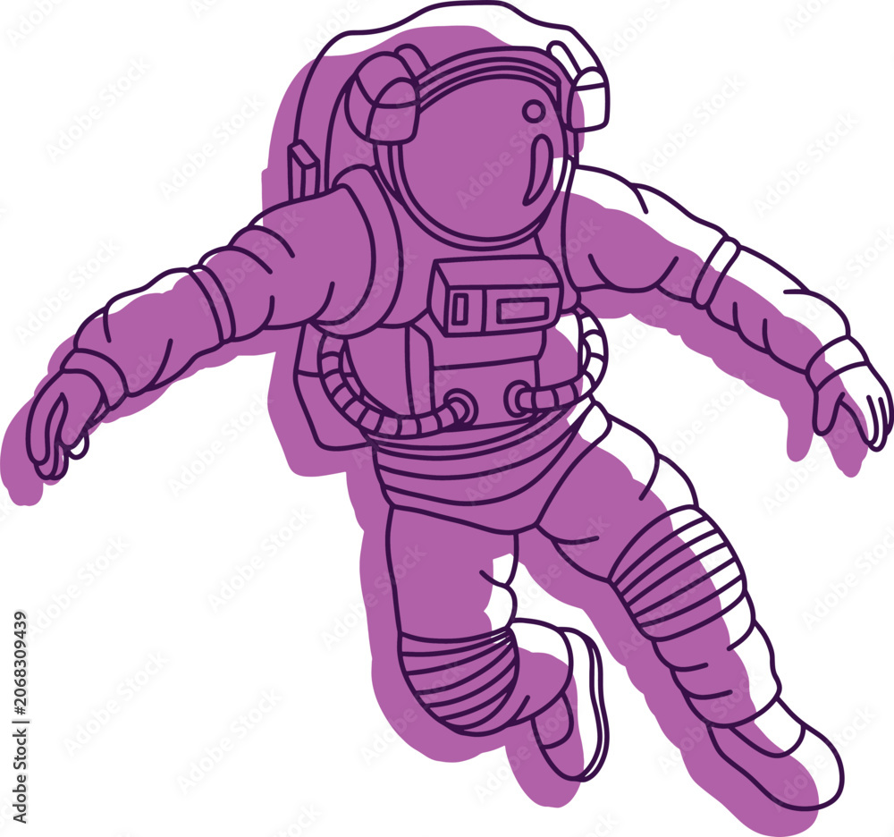 Obraz premium An astronaut floating during a space exploration mission; a line-sketch illustration with a purple silhouette
