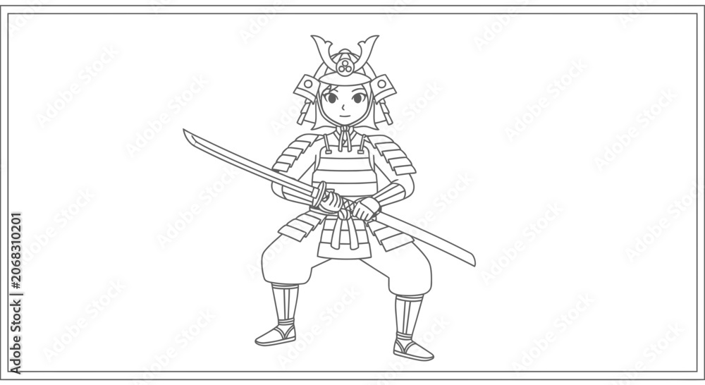 Fototapeta premium Samurai Warrior Cartoon Character Holding Katana Sword, Outline Drawing