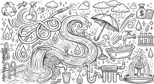 Canvastavla Water conservation and management hand drawn doodle sketch with conservation env