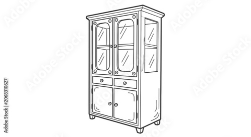 Detailed Line Drawing of Wooden Cabinet.