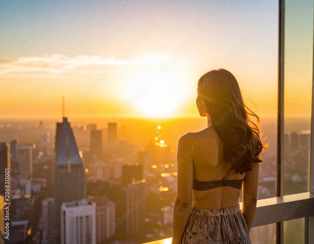 Fototapeta premium Woman enjoys a beautiful sunset over a city skyline from a high vantage point.