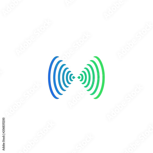 Abstract representation of a Doppler effect, with sound waves emanating outwards in a symmetrical, stylized visual design, rendered in a gradient of blue to green