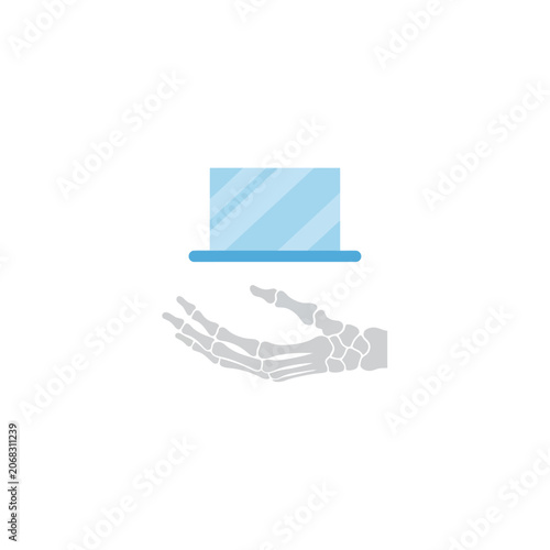 Abstract flat design illustration of a skeletal hand holding a translucent blue rectangular object, symbolizing concepts of data, medical information, or secure storage solutions