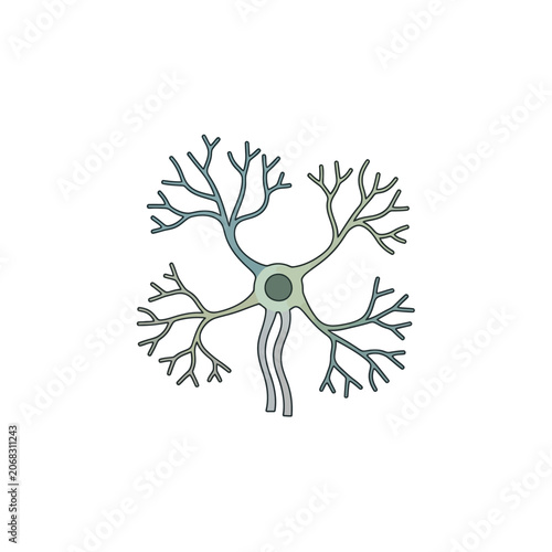 Flat color icon of a multipolar neuron cell structure with dendrites and axon