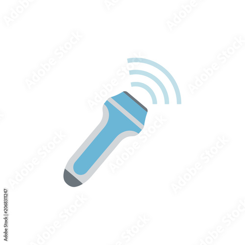 Vibrant flat color icon depicting a medical ultrasound scanner emitting sound waves, symbolizing advanced diagnostic imaging technology and comprehensive health check-ups