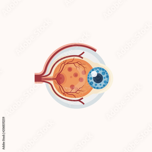 Illustration of a detailed cross-section of the human eye, showcasing internal structures and potential ailments