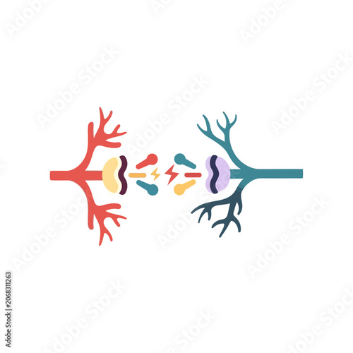 Reflex arc flat icon depicting neural synapse transmission with neurotransmitters and electrical impulses