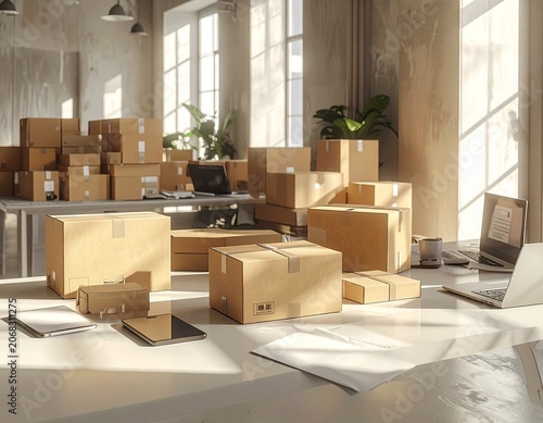 E-commerce Entrepreneur Workspace with Laptop and Packaging Supplies