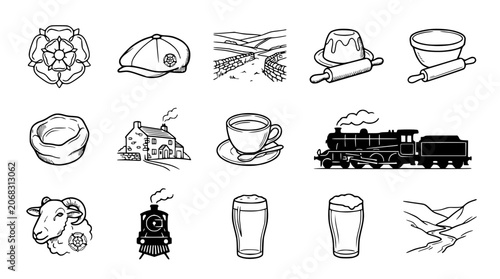 Fotografía British Countryside Icons: Rose, Flat Cap, Steam Train, Pub, Yorkshire Pudding,