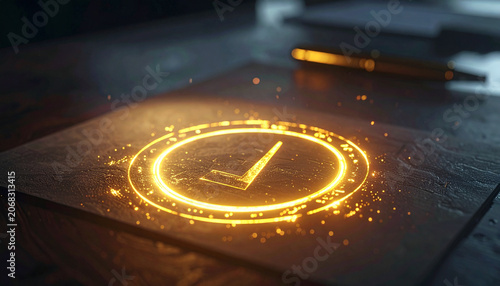 Verified Decision: A glowing checkmark, rendered with a digital artistic touch, illuminates a document or surface, signifying a confirmed or approved status.