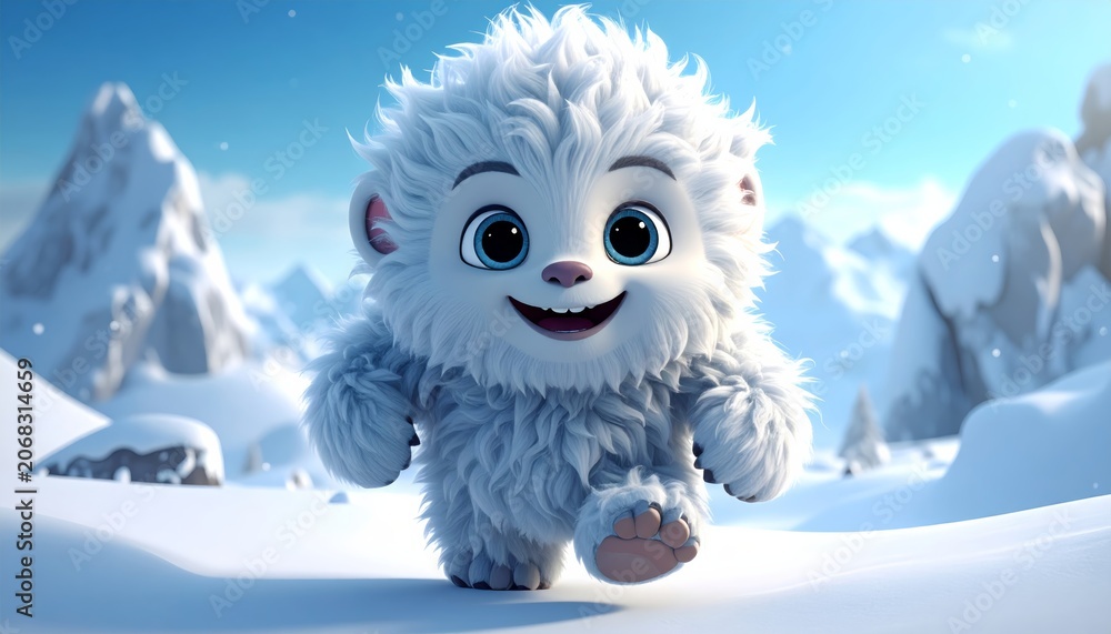 Obraz premium A cartoon yeti running in snowy mountains.