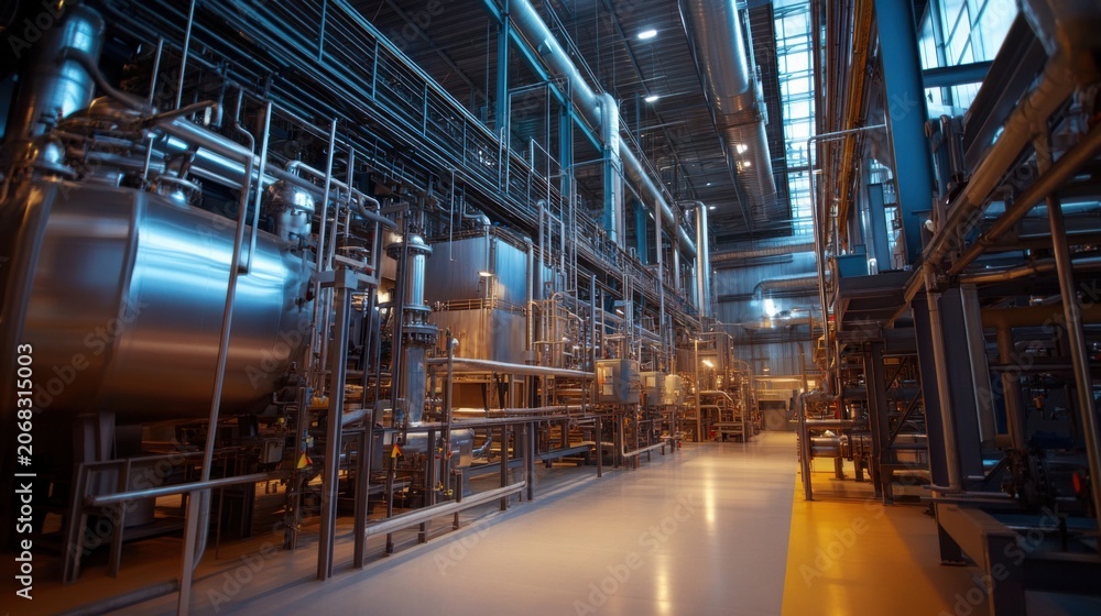 Fototapeta premium Modern industrial plant with complex machinery and lighting