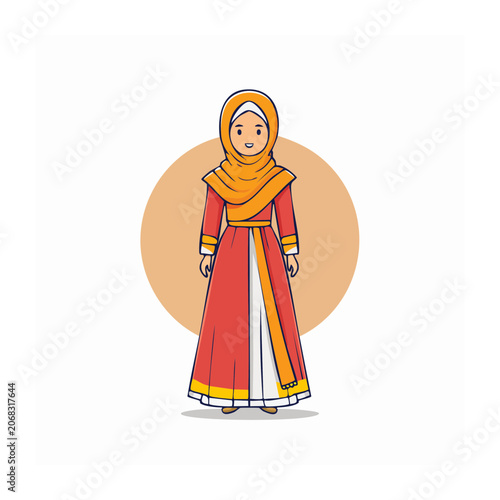 Woman in Traditional Red and Orange Dress with Hijab