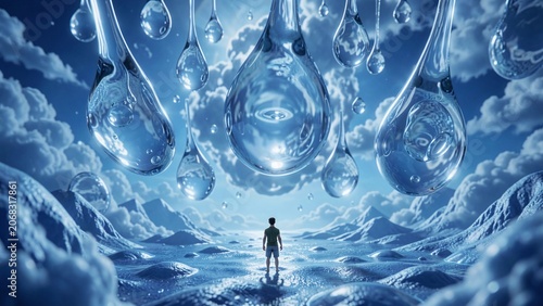 Small figure below enormous floating water droplets