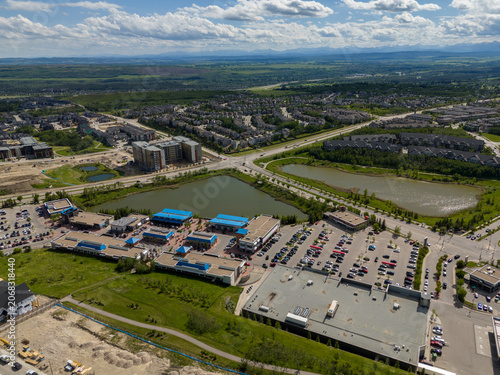 Aerial view of a strip mall in a residential area of Calgary, Alberta, Canada.