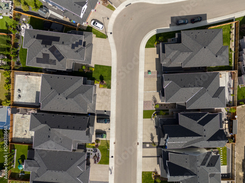 Aerial view of new homes in a residential area of Calgary, Alberta, Canada.
