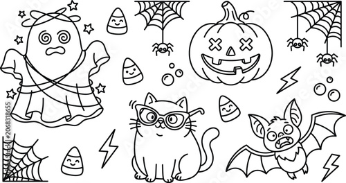 Fotografía Cute Halloween coloring page vector set with spooky ghost pumpkin cat bat and sp