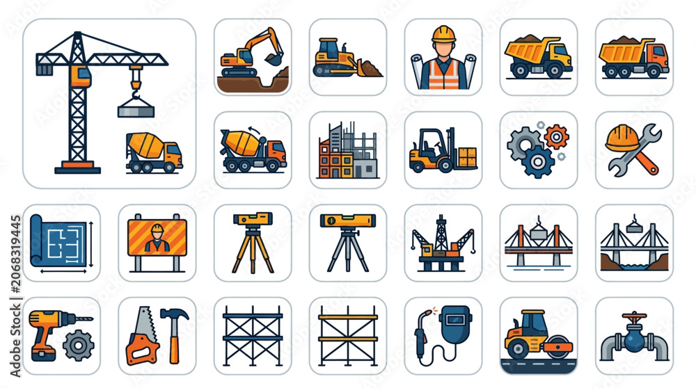 Fototapeta premium Construction tools and equipment icons.