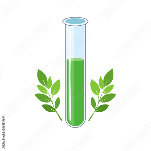 Test tube with green liquid and leaves vector illustration