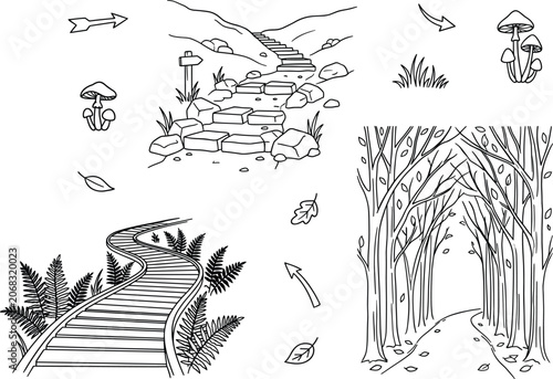 Canvastavla Forest path and stairs coloring page vector set with wooden bridge trees mushroo