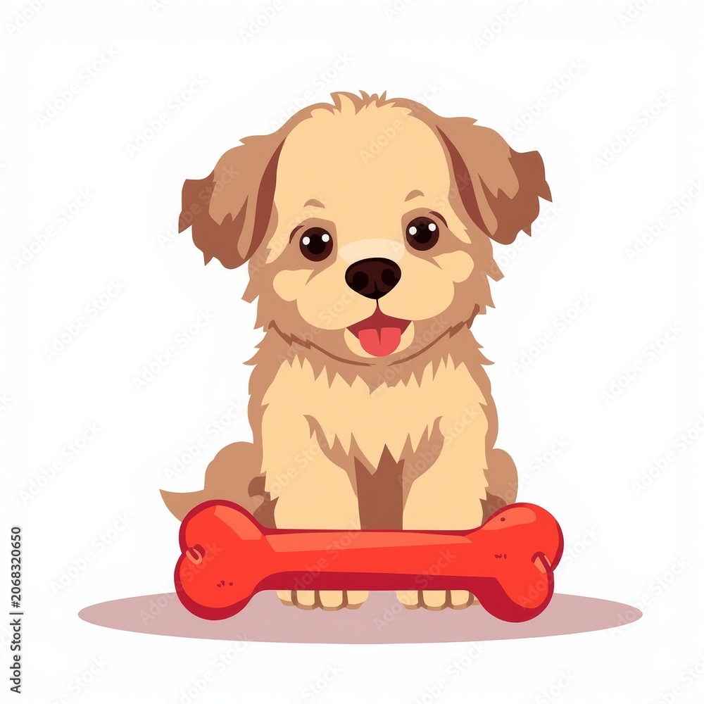 Fototapeta premium Cute Puppy Sitting Beside Red Toy Bone with Fluffy Fur and Big Brown Eyes
