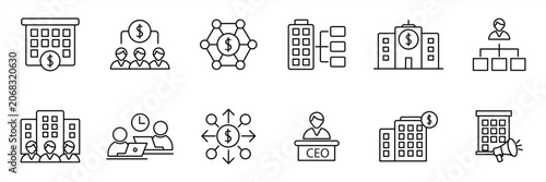 Business structure icon set. Company, office, business network, hierarchy, employees, organization, agency, workplace, corporation and more. Solid vector icons collection.