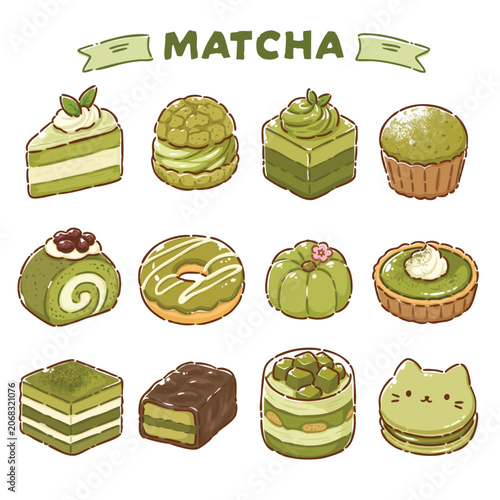 Foto Cute Matcha Bakery Collection Set Hand Drawn Green Tea Desserts Vector Illustrat