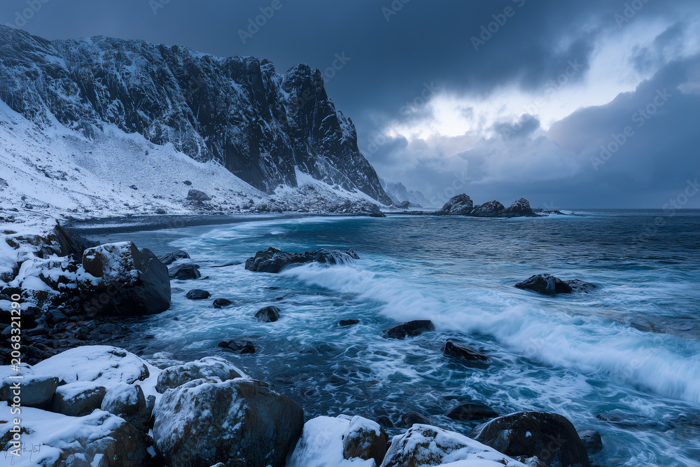 Fototapeta premium Winter coastline with dramatic waves and snow-covered cliffs, photorealistic seascape photography.