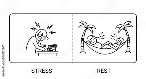 Stress vs Rest: Overwhelmed person studying vs relaxed people in hammocks