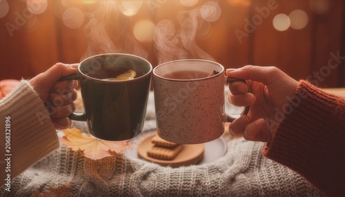 Two hands toasting steaming mugs together in cozy autumn setting