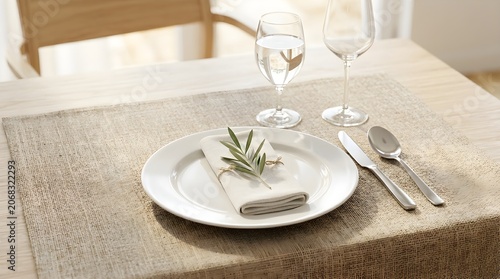 Plate with Knife Fork and Spoon on Table Cloth 3D Illustration
