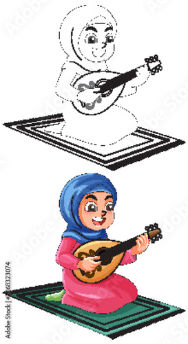 Muslim Girl Playing Oud Instrument on Prayer Mat Vector Illustration