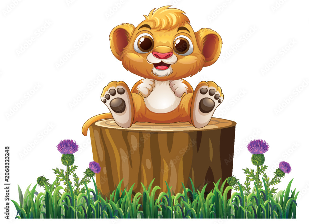 Fototapeta premium Cute Cartoon Lion Cub Sitting on a Tree Stump in Grass