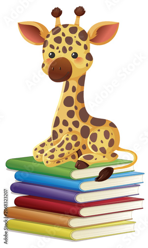 Cute Cartoon Giraffe Sitting on a Stack of Colorful Books