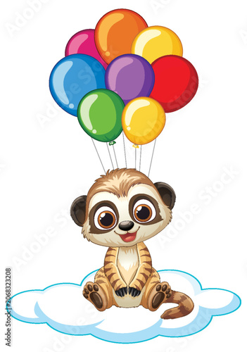 Cute Cartoon Meerkat Floating on a Cloud with Colorful Balloons