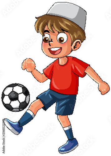 Young Muslim Boy Playing Soccer in Red Shirt and White Cap