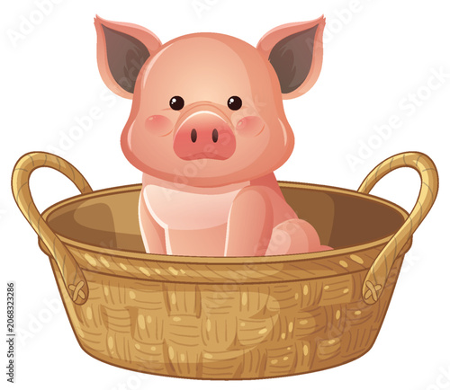 Cute Pink Piglet Sitting Inside a Woven Wicker Basket Illustration