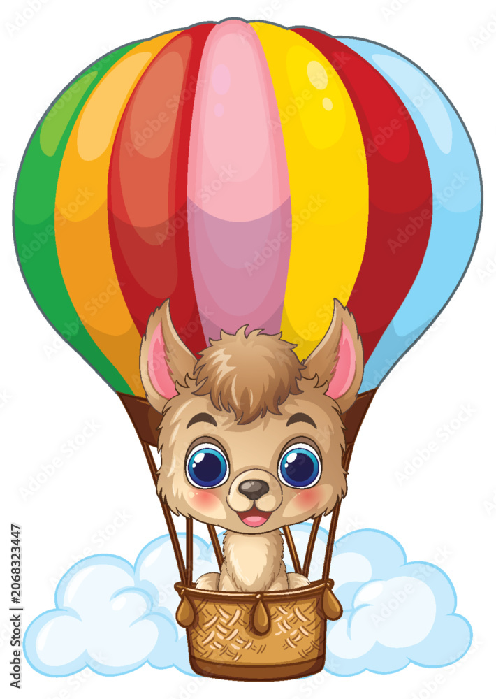 Fototapeta premium Cute Cartoon Llama Flying in a Colorful Hot Air Balloon Above Clouds