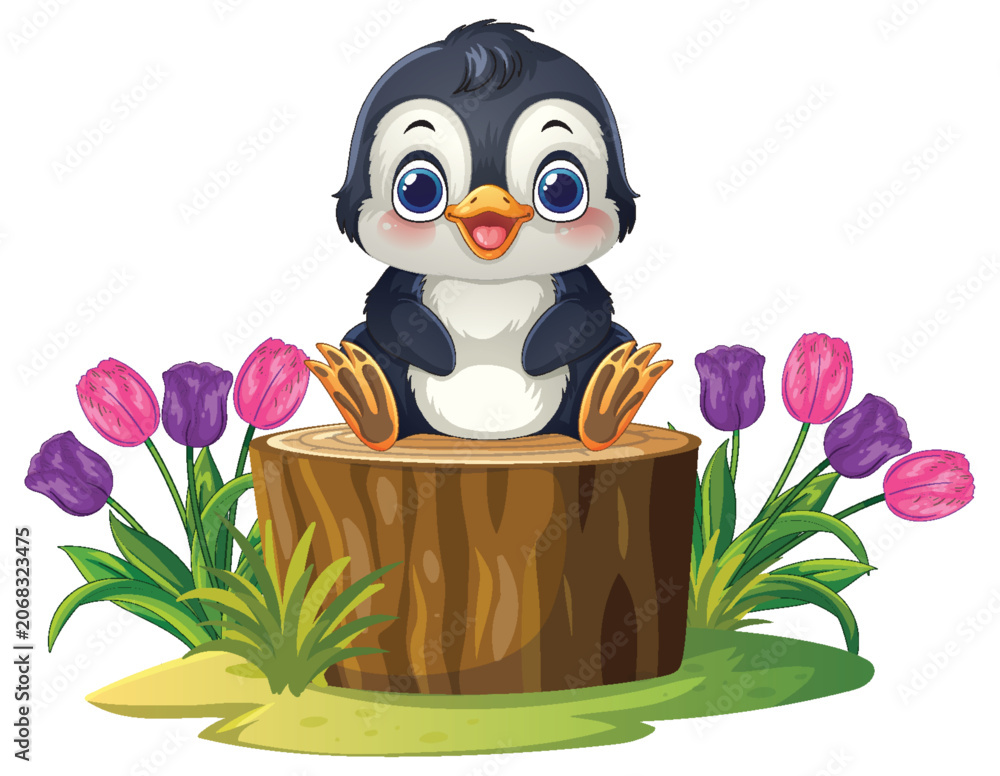 Fototapeta premium Cute Cartoon Penguin Sitting on a Tree Stump with Tulips