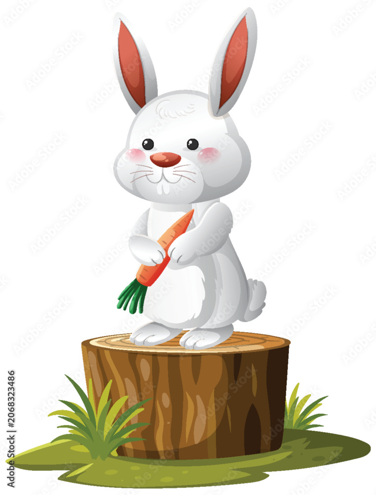 Obraz premium Cute White Bunny Holding Carrot on Tree Stump