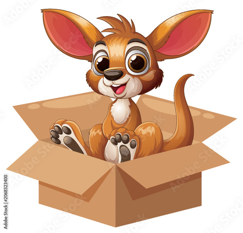 Cute Cartoon Baby Kangaroo Sitting Inside an Open Cardboard Box