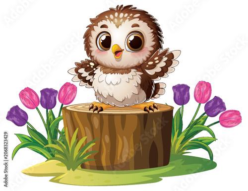 Cute Cartoon Baby Owl Sitting on a Tree Stump with Tulips