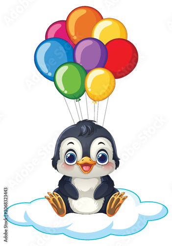 Cute Cartoon Penguin Floating on Cloud with Colorful Balloons