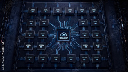 Serverless compute grid with cloud icons digital circuit patterns, for high performance computing, scalable infrastructure, data processing, modern software architecture