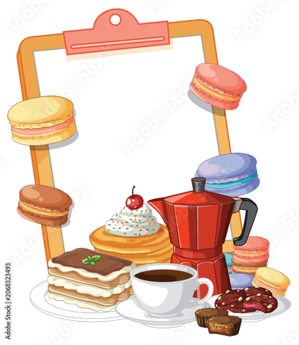 Clipboard Frame with Coffee Desserts and Macarons Vector Illustration