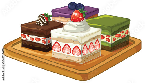 Assorted Gourmet Cake Slices with Fresh Fruit Toppings on Wooden Board