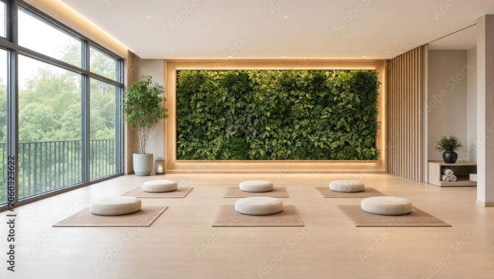 Fototapeta premium Zen meditation room with floor cushions lush green living wall, for inner peace, mindfulness, mental wellness, balanced lifestyle in modern minimalist architectural space