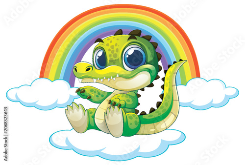 Cute Cartoon Baby Crocodile Sitting on Clouds with Rainbow Background