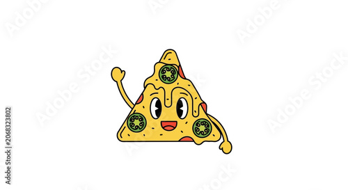 Retro Cartoon Pizza Slice Character Waving Hello
